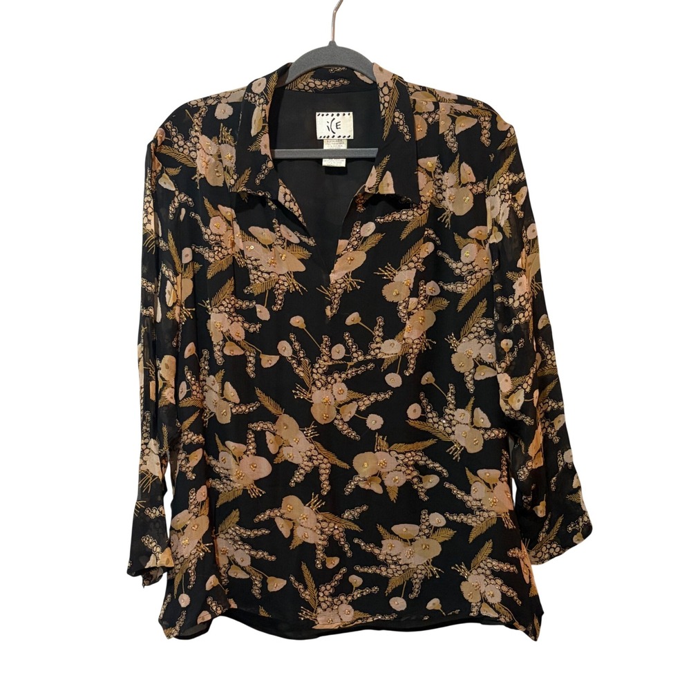 ICE Beaded Silk Floral Blouse Women 3X Black Gold Sheer Layered V-Neck